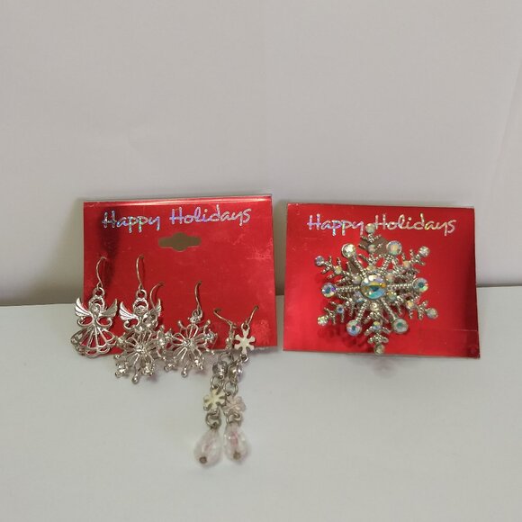 Happy Holidays Snowflake Elastic Ring Earring Lot Angel Snowflake Holiday - Picture 1 of 11